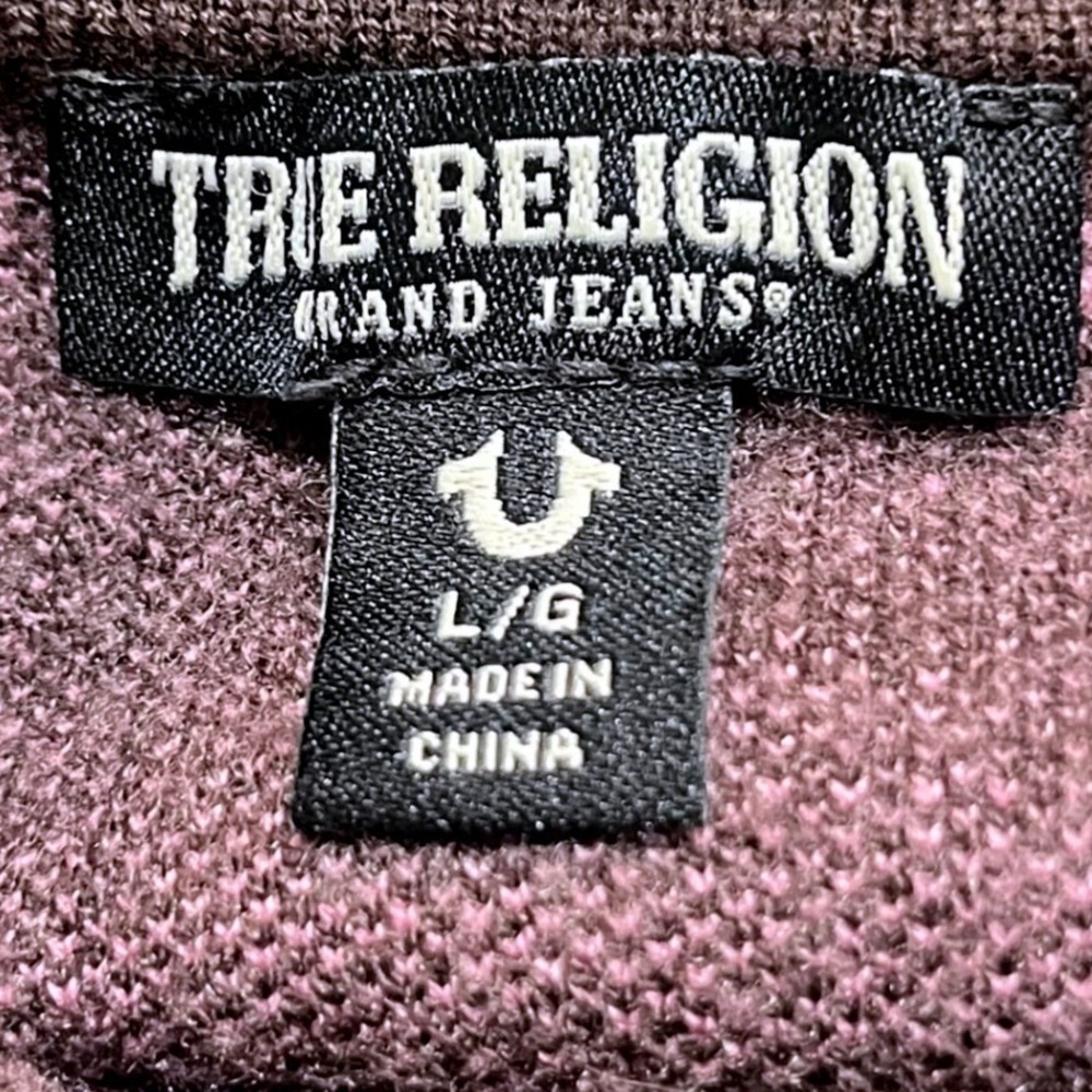 True Religion Brown Repeat Logo Graphic Jacquard Cropped Crewneck Sweater Large - Picture 5 of 7